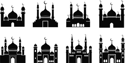 Black silhouettes of mosques with domes and minarets on white background © Riyaj Vector Valley