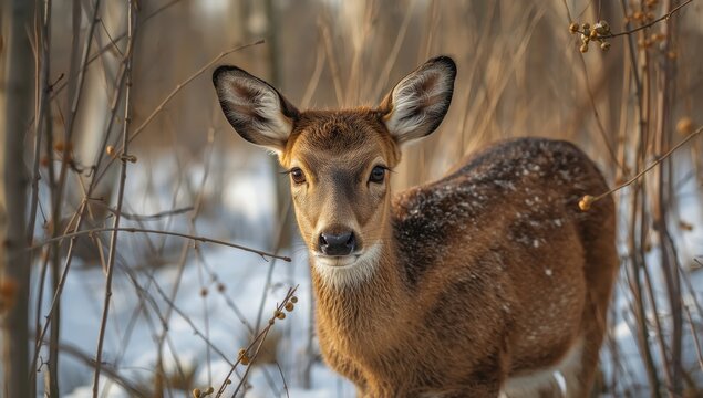In winter, a young male mule deer explores the woods of Zeewolde for food