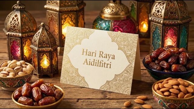 Hari Raya Aidilfitri greeting card with glowing lanterns dates and nuts on wooden table for Eid celebration