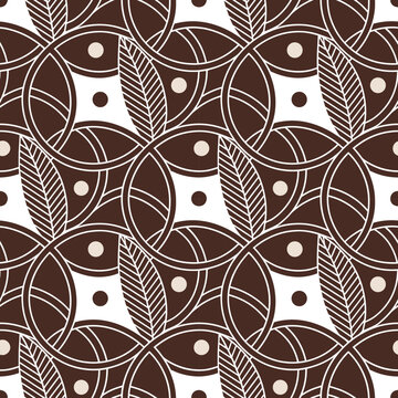 Organic seamless geometric pattern with brown leaf motifs and circles on a white background. Tribal ethnic tile for natural textile, wallpaper, and eco-friendly decor