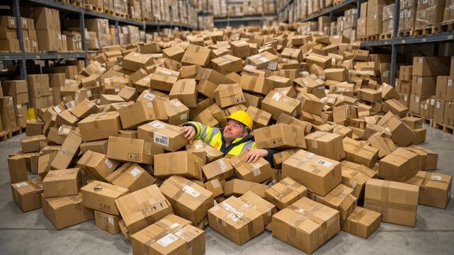 Warehouse worker buried under mountain of cardboard boxes. Overwhelmed employee shouting for help in storage facility. Static wide shot.