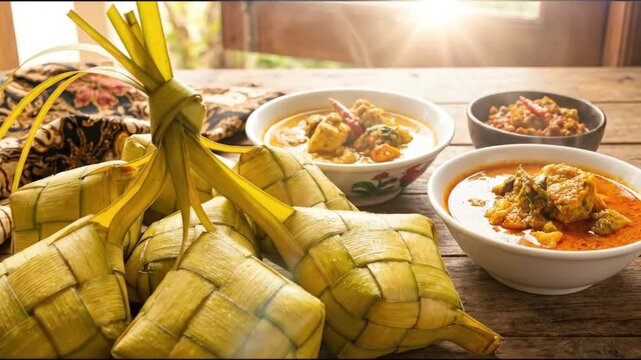 Traditional Eid al-Fitr food spread featuring woven ketupat rice cakes and chicken curry opor ayam with batik cloth on a wooden table during Hari Raya Lebaran celebration