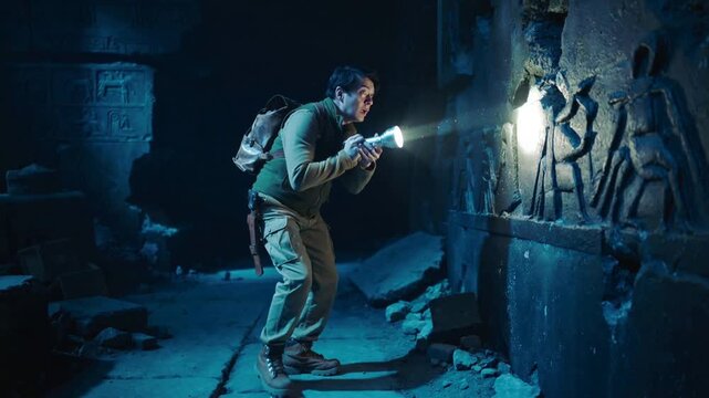 Explorer examining ancient stone carvings with flashlight in dark tomb. Side view of archaeologist discovering historical wall reliefs. Tilt up camera movement.