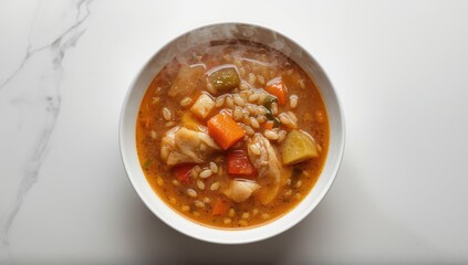 Fototapeta premium Krupnik - chicken barley soup from Poland. Bird's-eye view