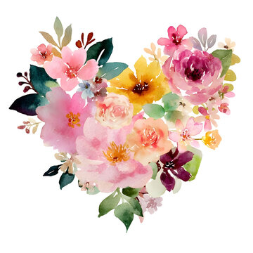 Flat watercolor of a simple Heart with Floral Crown A heart shape adorned with a watercolor crown of flowers like roses peonies and daisies giving it a bohochic or vint