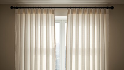 Light streams through delicate white drapes on a dark rod