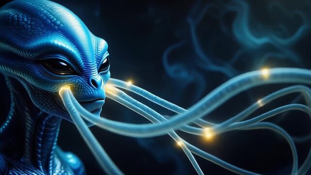 Glowing Blue Alien Being with Tentacles in Space Darkness