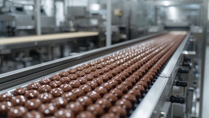 Fototapeta premium Manufacturing pralines in a food industry factory using a chocolate conveyor belt