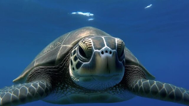 Large sea turtle swimming towards camera in deep blue ocean with sunlight filtering through water surface