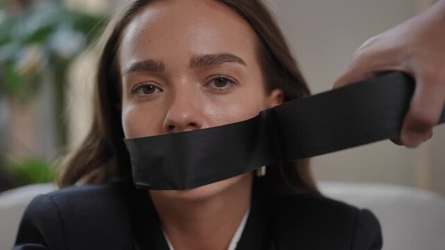 Conceptual video on censorship and freedom of speech, showing a hand silencing a businesswoman by wrapping her mouth with black tape