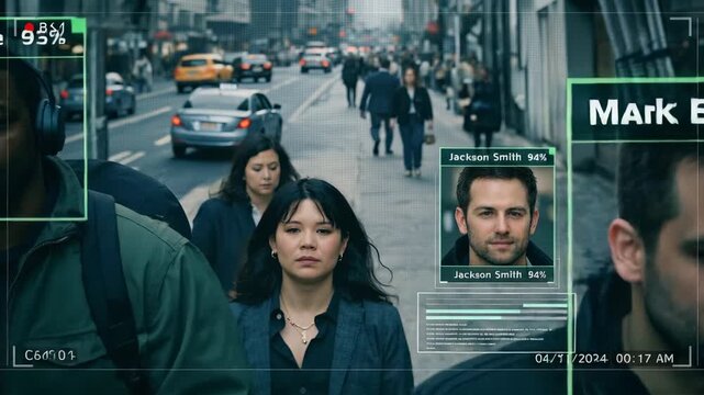 Facial recognition interface tracking pedestrians on busy city sidewalk. Biometric data overlay on urban crowd. Static camera shot.
