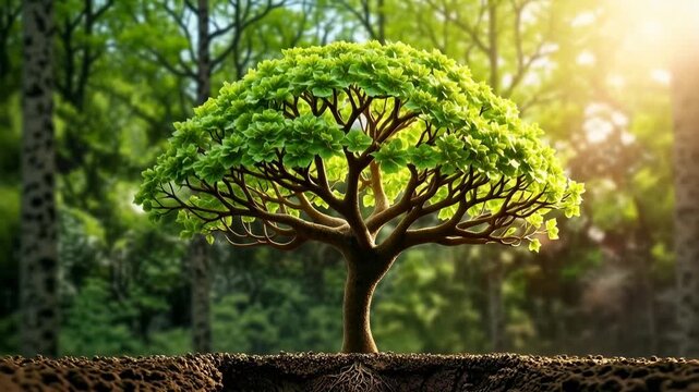 Seedling growing into mature tree with visible root system in soil. Time-lapse of plant development in forest environment.