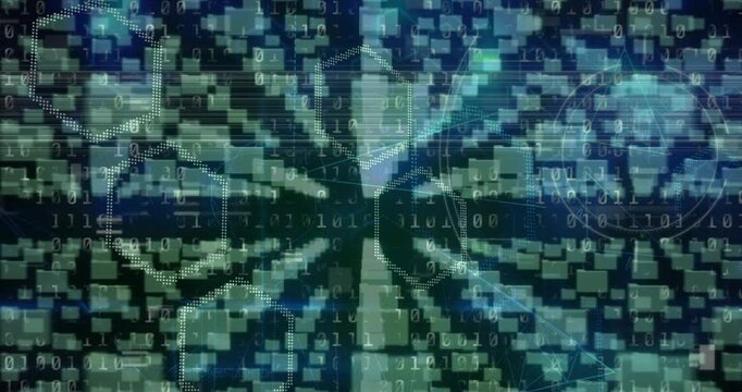 Microprocessor connections forming a security padlock icon against binary coding data processing