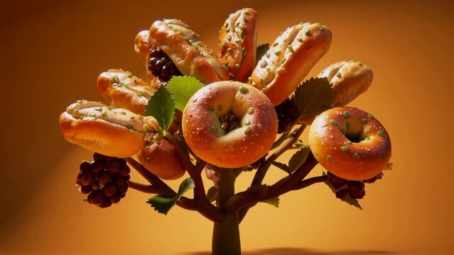 Surreal tree growing and bearing bagels and bread. Fast motion growth of food-bearing plant against orange background.