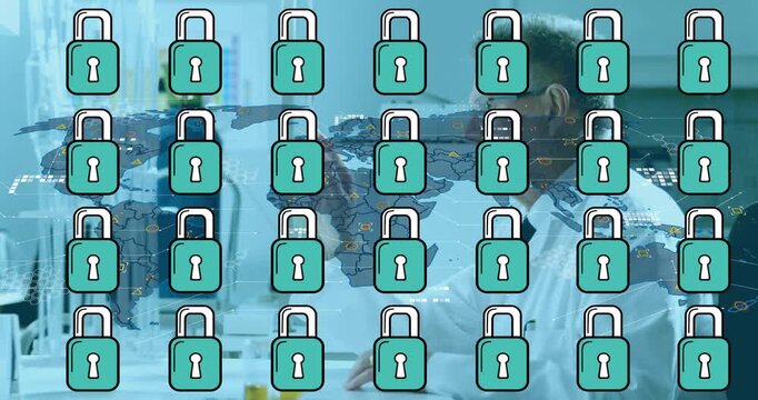 Animation of padlock icons and world map over caucasian male scientist in lab