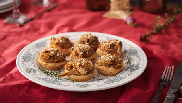 Mushroom stew in puff pastry on a crimson tablecloth