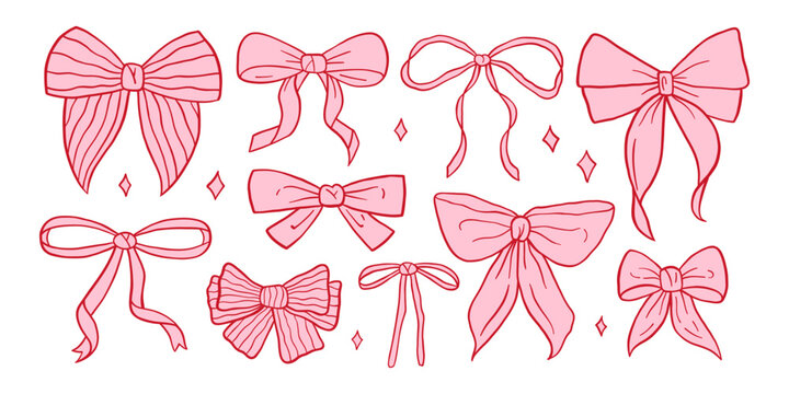 Vector whimsical bows set. Flat romantic hand drawn charming coquette bows collection for valentines card, baby shower, wedding invitation, love quote poster, sticker and modern design.