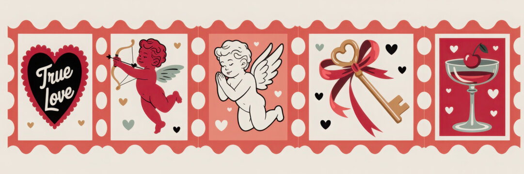 Love mail stamps, doodle hand drawn holiday letter print set, postal Valentine day correspondence. Cute romantic holiday postmark, vintage postage sticker, cupid sign. Whimsical love stamp badge art