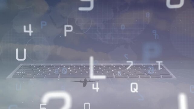 Animation of numbers and alphabets, keyboard over flying aeroplane against cloudy sky