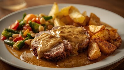 Pork loin in mustard sauce with veggies and potato wedges