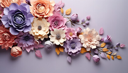Obraz premium Assortment of peach lavender and purple flowers with visible petals and centers arranged together on a surface