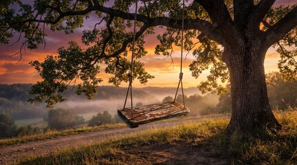 Lonely empty swing moving gently in the wind at sunset, creating a feeling of nostalgia