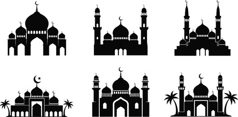 Six black silhouette Islamic mosque buildings with domes and minarets on white background © Riyaj Vector Valley