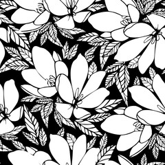 asymmetrical seamless floral white outline pattern on black background, design, background