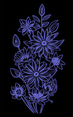 blue graphic contour drawing of a bouquet of flowers on a black background, design