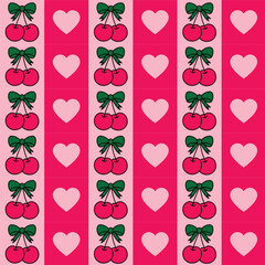 Seamless pattern with red cherries and hearts design