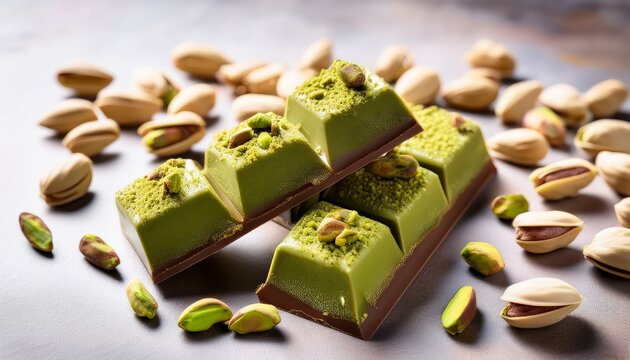 indulge in luxurious dubai chocolate bars filled with green pistachio paste surrounded by crunchy pistachios for a gourmet nutty experience