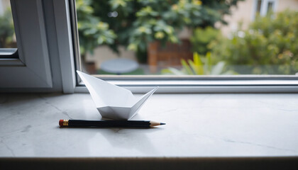 Paper boat and pencil on windowsill with greenery outside  