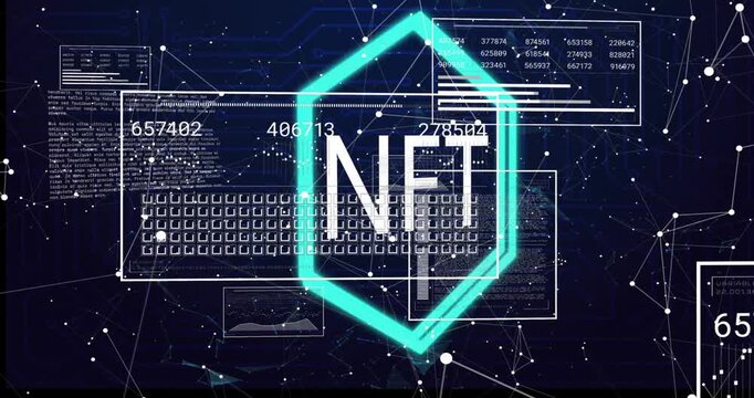 Turquoise beam sweeping network activating panels updating as hexagon rotating forming NFT
