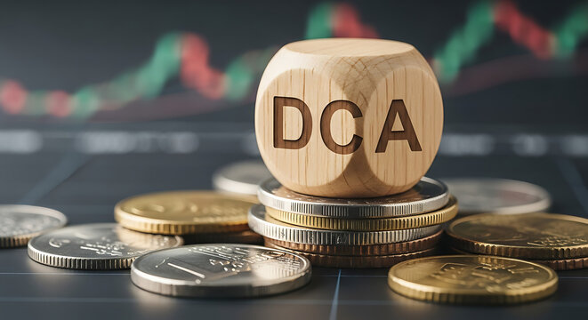 DCA Investment Strategy: Wooden Cube with Coins and Graph