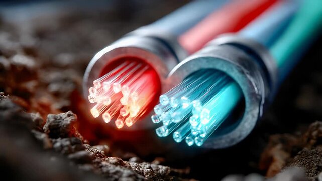 Fiber optic cables installed in underground trench for high-speed internet connection in urban area