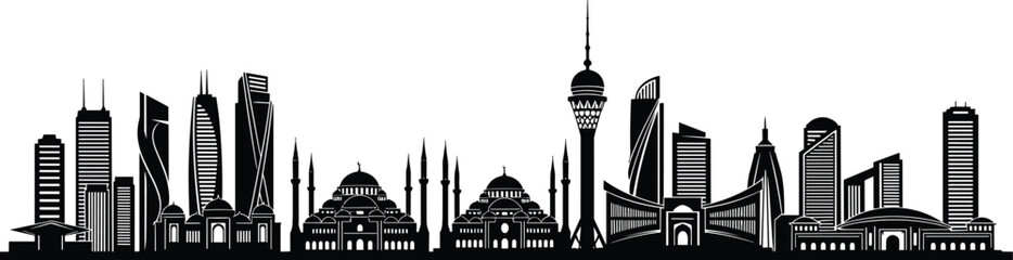 Black silhouette of modern skyscrapers and traditional domed buildings with minarets black and white © Riyaj Vector Valley