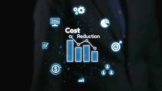 This image illustrates the concept of cost reduction in business, featuring glowing graphs and icons representing financial metrics and strategic planning for success. Qubit