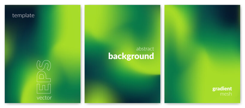 Abstract liquid background set. Gradient mesh. Effect blend lime green color. Blurred fluid colorful mix. Modern design template for web cover, header, ad banner, poster, brochure, flyer. Vector image