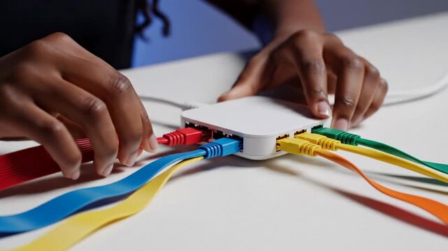 Close view of hands connecting colorful network cables to a small hub, practical ethernet setup for office IT and home internet, focused mood for troubleshooting and training