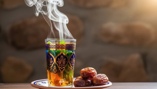 Steaming Hot Mint Tea in Ornate Glass Served Alongside Sweet Dri