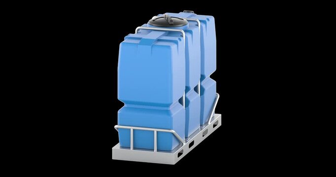 IBC tank, intermediate bulk container in metal cage on pallet rotation animation seamlessly loopable. 3D rendering isolated on transparent background
