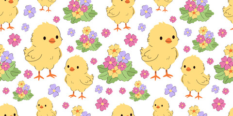 Easter chick  pattern  with cute yellow baby chickens and colorful spring flowers arranged on white background. Perfect for Easter decorations, spring packaging, wrapping paper, textiles.