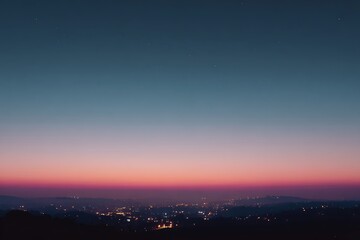 A serene cityscape at dusk, featuring a gradient sky with city lights illuminating the horizon.