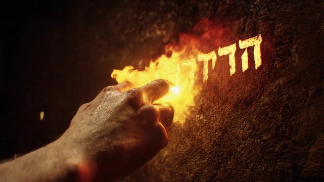 **Cinematic close up of a hand writing glowing Hebrew letters on a stone wall with fire. Dramatic biblical prophecy of judgment from the book of Daniel.