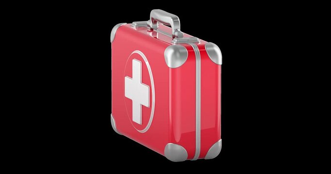 Red first aid kit rotation animation seamlessly loopable. 3D rendering isolated on transparent background