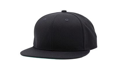 Fototapeta premium Stylish black flat brim baseball cap isolated on white background, clean modern design for urban fashion