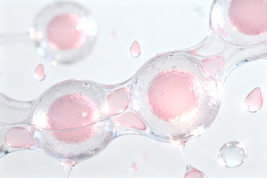 3D macro illustration of skin cells absorbing radiant moisture with soft pink highlights on white background
