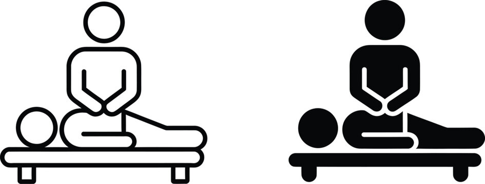 Acupressure or massage therapy icon set person receiving back treatment from practitioner on table