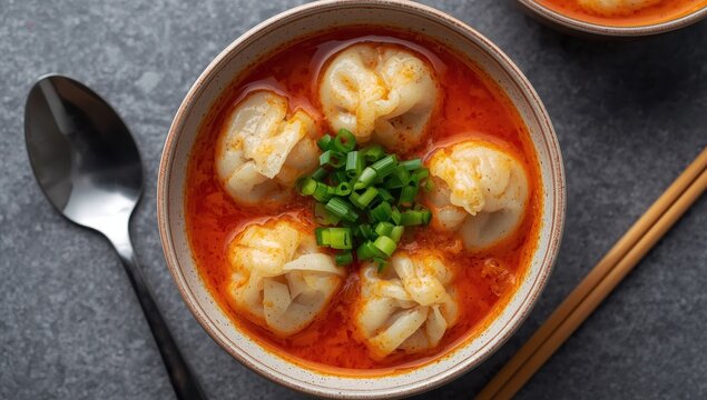 Top view of red curry dumpling soup with coconut, chives, spoon, and chopsticks