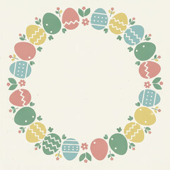  A festive wreath of decorated pastel eggs and flowers. This modern spring illustration provides a circular frame with copy space for your text. Vector illustration